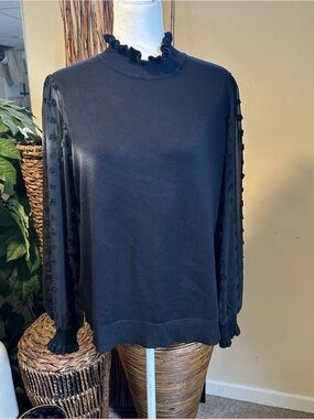 Adrianna Papell Black Ruffle Neck Sheer Dot Sleeve Top